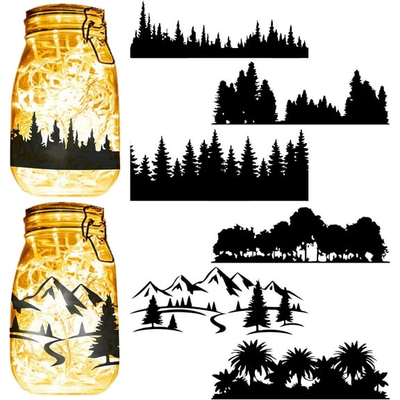 6Pcs Forest Silhouettes Mason Jar Decor Laser Cut Cardboard Scrapbook Cutouts Die Cuts Embellishments PVC for Crafting Lantern Jars Wall Painting Window Glass Phones 7.9x3.5Inch-No Sticker for DIY