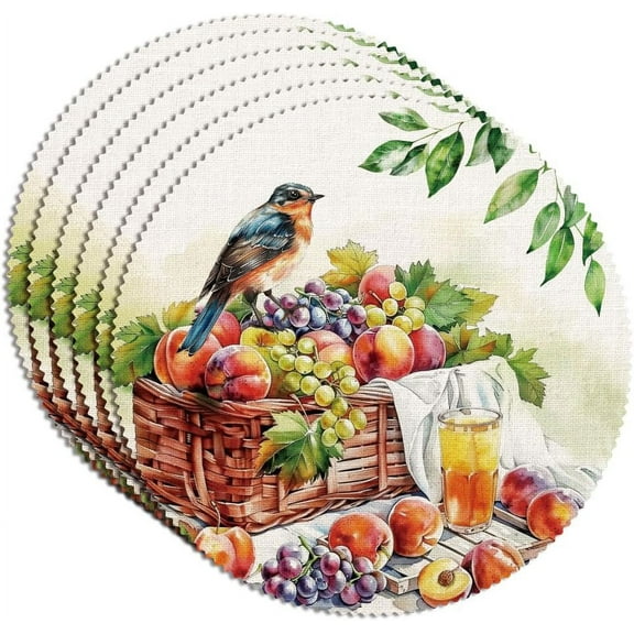 6Pcs Fruit Placemats 15x15 Inch Round Country Farmhouse Print Table Placemats for Dining Table Rustic Vintage Linen Washable Table Mats for Party Kitchen Wedding Indoor Outdoor