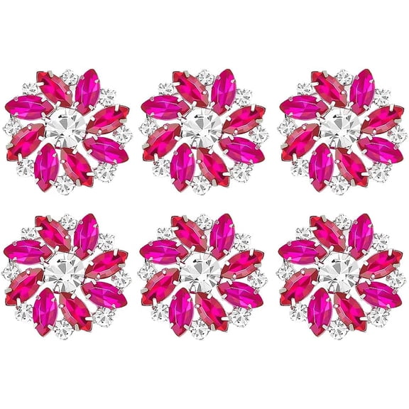 6Pcs Fuchsia Silver Flower Alloy Rhinestone Shank Buttons 1 Inch Bouquet Rhinestone Buttons with 1-Hole Flat Back Sew On Crystal Embellishments Metal Snowflake Button with Fashion Claw