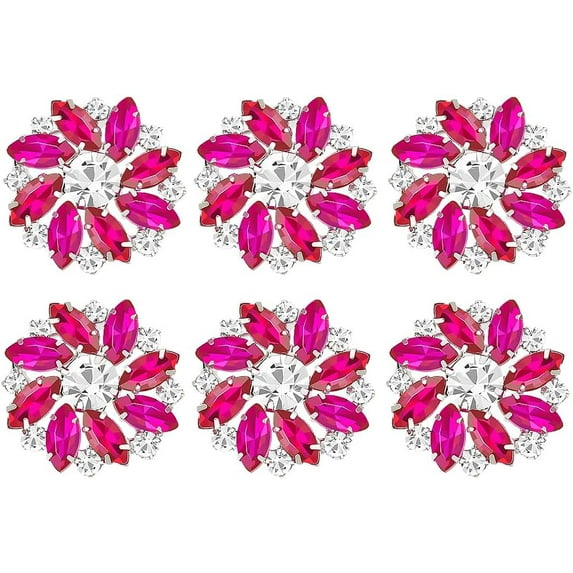 6Pcs Fuchsia Silver Flower Alloy Rhinestone Shank Buttons 1 Inch Bouquet Rhinestone Buttons with 1-Hole Flat Back Sew On Crystal Embellishments Metal Snowflake Button with Fashion Claw