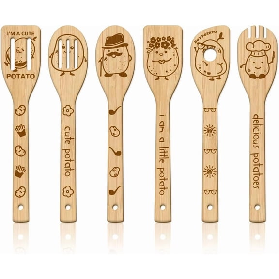 6Pcs Funny Cute Potato Wooden Spoons Utensil Set Bamboo Carving Kitchen Cooking Utensils Wooden Engraved Cooking Spatula Set for Kitchen Fun House Warming Gift Brown