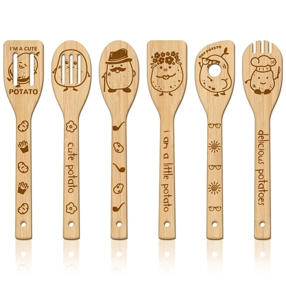 6Pcs Funny Cute Potato Wooden Spoons Utensil Set Bamboo Carving Kitchen Cooking Utensils Wooden Engraved Cooking Spatula Set