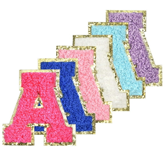 6Pcs Self Stick Chenille Letter Patches for Clothing Bags Laptop Phone Case, Iron On Varsity Preppy Glitter Fuzzy Letters, Mixed Colors