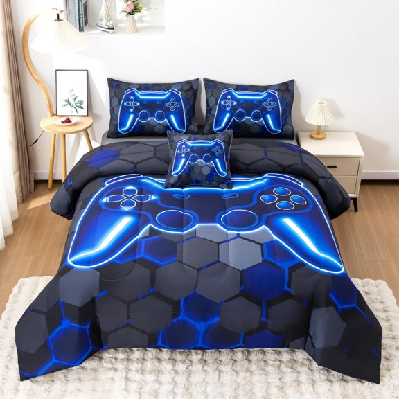 6Pcs Gamer Comforter Set with Sheets for Boys Girls Kids Teens, Colorful Gaming Themed Bed in A Bag Twin Size, Black 3D Video Game Controller Bedroom Decor Bedding Set
