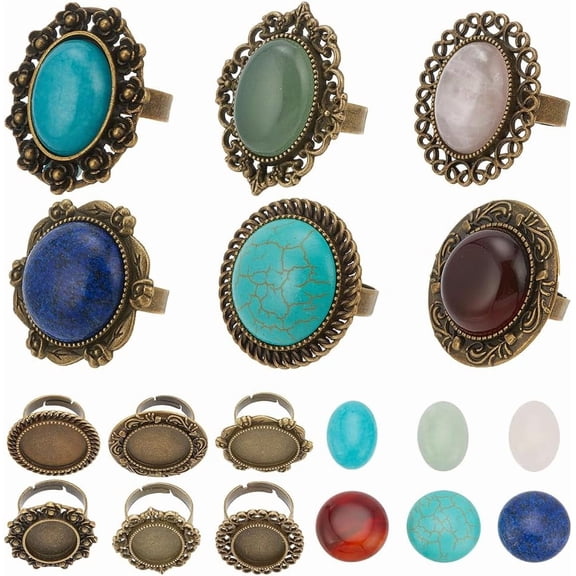 6Pcs Gemstone Finger Ring Making Kit Cabochon Ring Settings Bezel Blank Rings Healing Energy Turquoise Stone Gemstones Rose Quartz Vintage Style Ring Components for Jewelry Making Kits DIYDIY