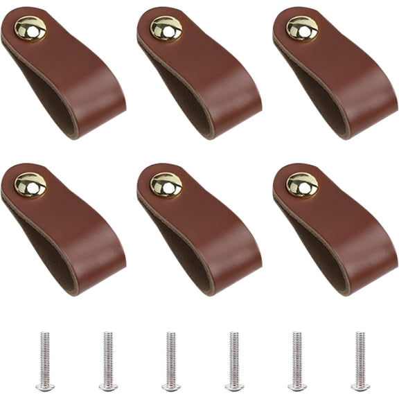 6Pcs Genuine Leather Drawer Pulls Leather Cabinet Closet Handle 5.6 Inch Wardrobe Door Knob for Kitchen Bathroom Cabinets Dresser Drawers Cupboards Camel DIY