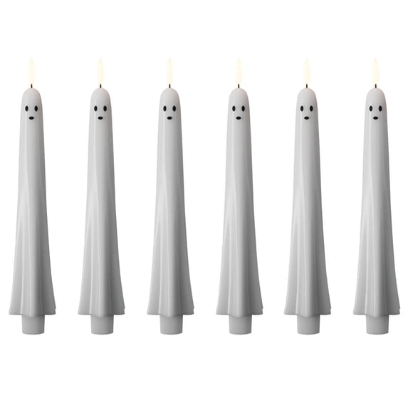 6Pcs Ghost Taper Candles with Remote, Halloween Battery Operated Set, Real Wax LED Spooky Lights, Flameless Timer Candles for Mantel, Gothic Fun House Ambiance