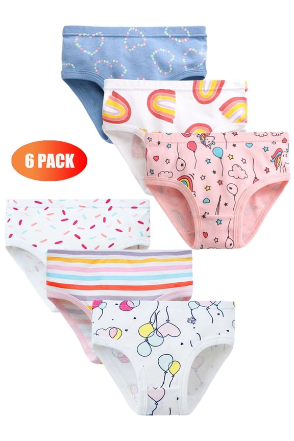 6Pcs Girls' Pure Cotton Brief Underwear for Little Girls 2-12 Years - Mermaid, Stripes, Rainbow