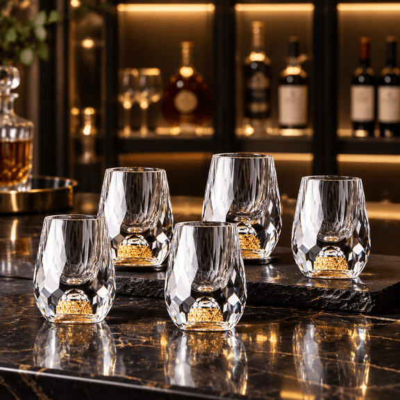 6Pcs Glass Shot Cups with Gold Leaf Accents - 0.5 oz Mini Tasting Glasses with Diamond Facets for Tequila, Mezcal and Spirits