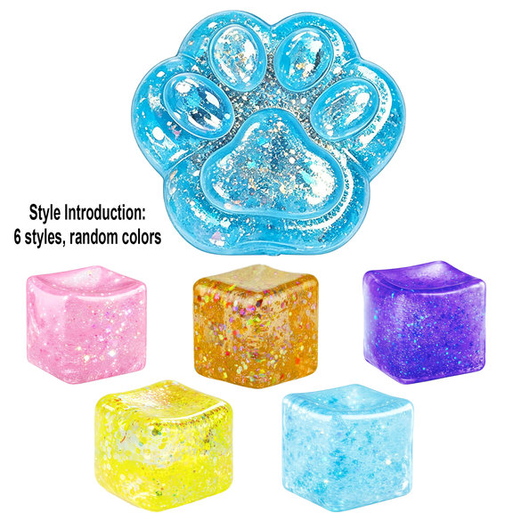 6Pcs Glitter Sugar Blind Box Squishy Toy Set, Cat Paw & Ice Cube Maltose Squeeze Toys, Stress Relief Anxiety Relief Sensory Fidget Toys for Kneading Play, Bulk Party Favors, Classroom Prizes