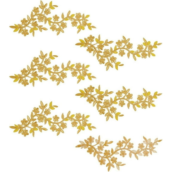 6Pcs Gold Flower Leaves Iron on Patches Leaf Vine Embroidery Long Patch Sew on Floral Patches Decorative Applique Decal for Wedding Dress Jeans DIY Costume Art Craft Projects diy