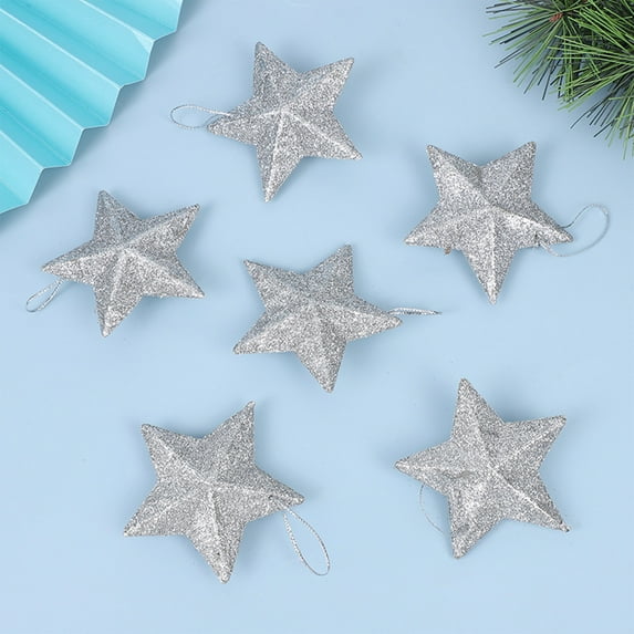 6Pcs Gold Glitter 3D Star Christmas Ornaments, Plastic Pentagram Tree Hanging Decorations Silver