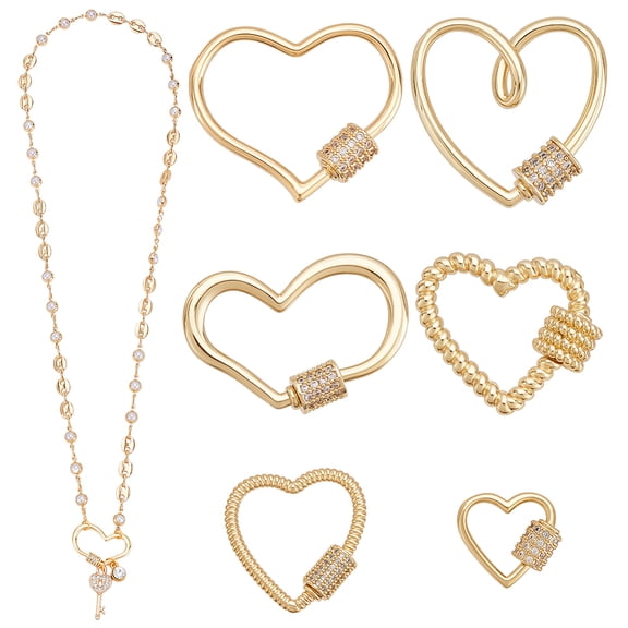 6Pcs Gold Heart Screw Carabiner Heart Lock Clasp Metal Hollow Hoop Core Small Rhinestone Key Chain Hook Clasp Connector