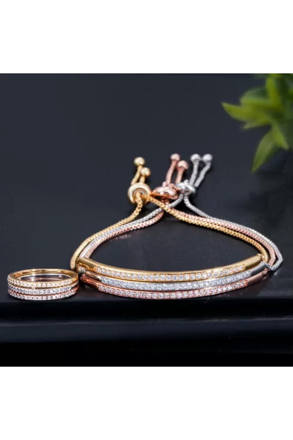 6Pcs Gold Plated CZ Stone Ring Bangle Bracelet Jewelry Sets for Women