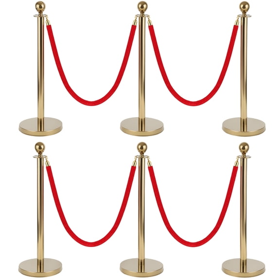 6Pcs Golden Stanchion Posts with 4 Red Velvet Ropes, Water/Sand/Concrete Fillable Base Crowd Control Barriers, Queue Management Safety Barriers Poles for Party, Prom, Wedding