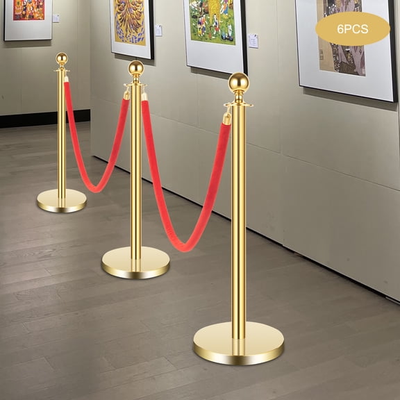 6Pcs Golden Stanchion Posts with 4 Velvet Ropes Crowd Control Queue Pole Barrier