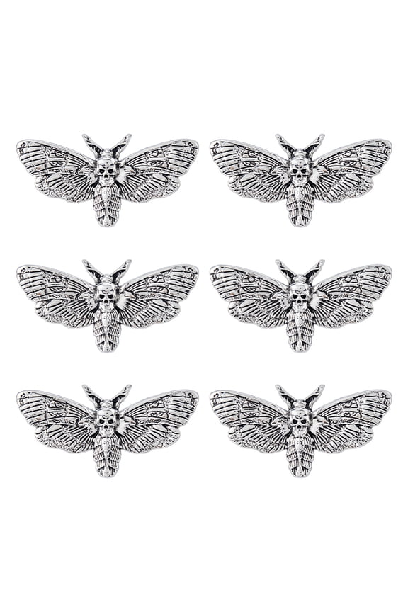 6Pcs Gothic Alloy Lapel Pins for Backpack Clothes Moth Silver 26x51.5mm