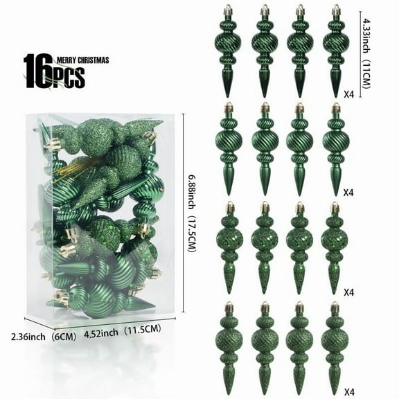 6Pcs Green 4 inch Finial Drop Christmas Ornaments, Hanging Tree Decor with Glossy Finish for Xmas Holiday, Shatterproof Plastic Decorations for Home, Party, and Festive Season