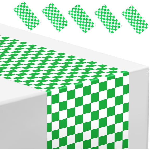 6Pcs Green Gingham Table Runner 14x108'' Christmas Decorations Green and White Checkered Table Runner Plastic Racetrack Road Table Cloth Disposable for Birthday Party Baby Shower Theme Decor