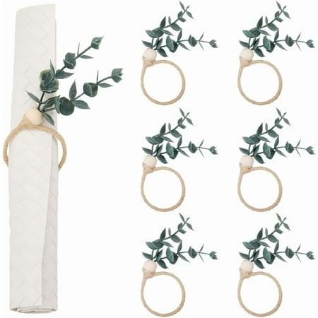 6Pcs Green Napkin Rings PVC Rustic Spring Farmhouse Leaves Table Decorations Boho Napkins Ring Holder with Wooden Bead for Easter Banquet Celebration Wedding Party Dinner for DIY