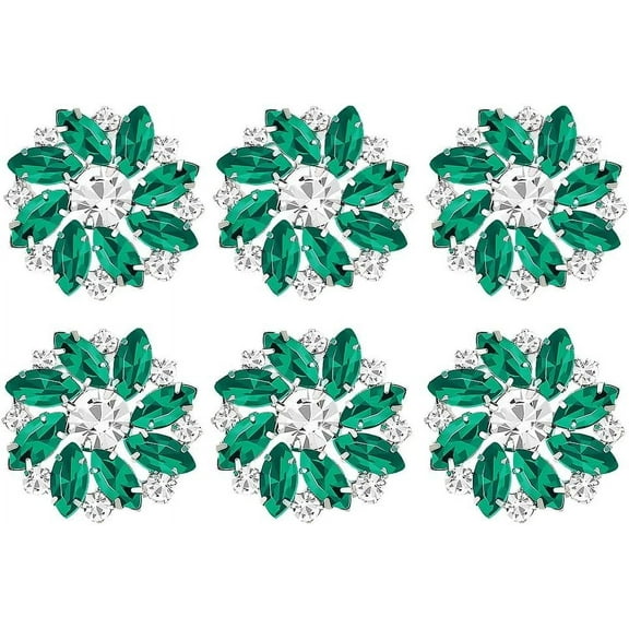 6Pcs Green Silver Flower Alloy Rhinestone Shank Buttons 1 Inch Bouquet Rhinestone Buttons with 1-Hole and Flat Back Sew On Crystal Embellishments Metal Button for Craft Decoration