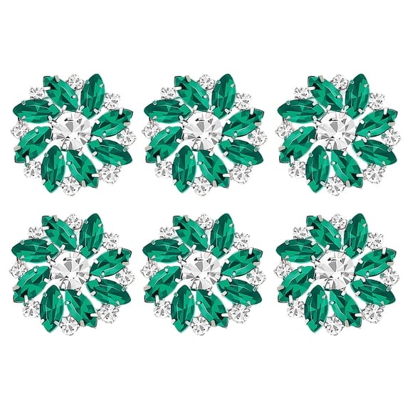6Pcs Green Silver Flower Alloy Rhinestone Shank Buttons 1 Inch Bouquet Rhinestone Buttons with 1-Hole and Flat Back Sew On Embellishments Metal Button