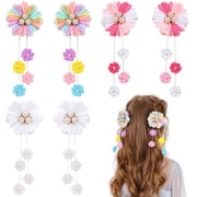Style-Carry 6 Pcs Hair Bows, Flower Tassel Hair Alligator Clips for Girls, Colorful Floral Barrettes with Pearl Accents, Cute Hair Accessories for Kids Colored, Pink, White