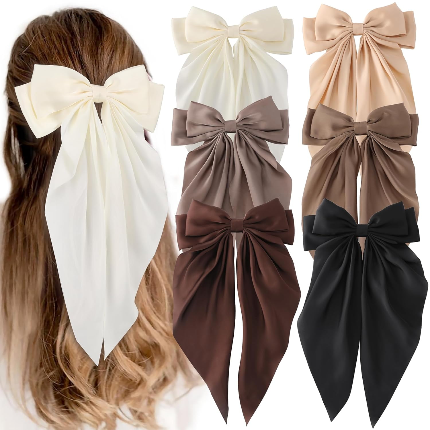 6Pcs Hair Bows for Women, Big Bow Hair Clips for Girls, Silky Satin ...