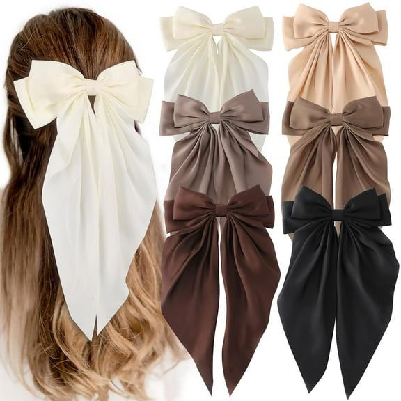 6Pcs Hair Bows for Women, Big Bow Hair Clips for Girls, Silky Satin Hair Bows Clips Oversized Long Tail, Large Hair Barrettes Hair Accessories, Metal Bow Hair Clips