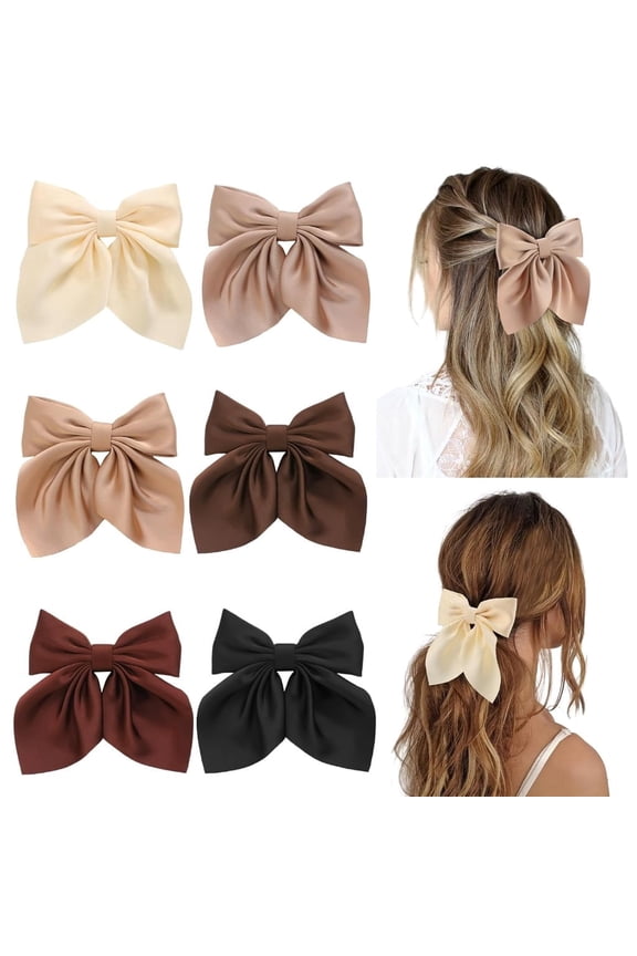 6Pcs Hair Bows for Women, Bow Hair Clips, Silky Satin Hair Bows for Girls, Neutral Colors Hair Ribbon, Cute Bow Clips for Women, Hair Accessories Gifts