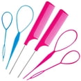 thumbnail image 1 of 6Pcs Hair Loop Styling Tool Set with 4 Topsy Tail Hair Tools French Braid Tool Loop (Pink, Blue) And 2 Metal Stainless Steel Pin Rat Tail Comb ,Carbon Fiber Heat Resistant Teasing Combs(Rose), 1 of 5
