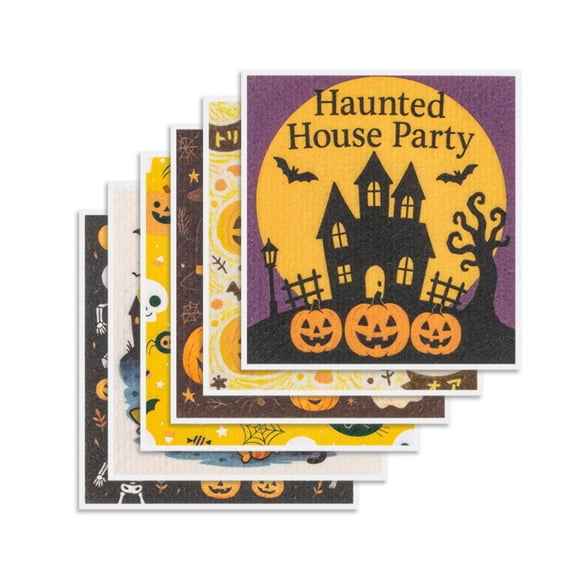 6Pcs Halloween Swedish Dishcloth Pumpkin Ghost Witch Skull Kitchen Towel Absorbent Dish Towel for Home Party Housewarming Cleaning