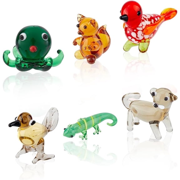 6Pcs Hand Blown Glass Figurines Miniature Animal Decor Colorful Glass Bird Octopus Cat Chameleon Squirrel Display Decorations for Home Office Collectible Gifts