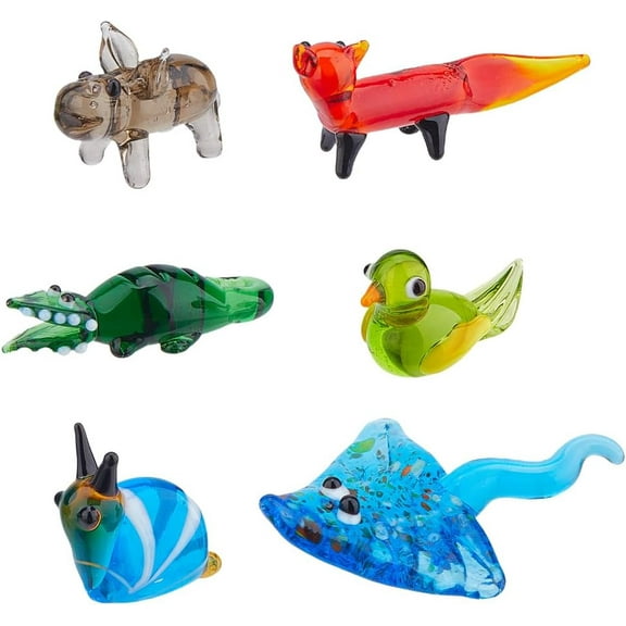 6Pcs Hand Blown Glass Figurines Miniature Animal Glass Decor Colorful Glass Fox Crocodile Manta Ray Snail Hippo Bird Display Decorations DIY