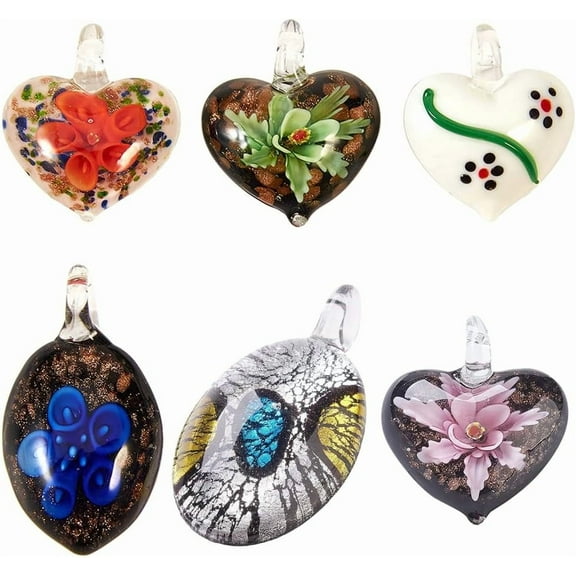 6Pcs Handmade Lampwork Big Pendants 4-8mm Hole Leaf with Flower Drop Heart Shape Glass Pendant Charms for Jewelry Making Earring Bracelet Necklace Accessories DIY