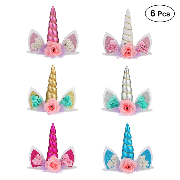 6Pcs Handmade Unicorn Birthday Cake Toppers set Color Unicorn Horn Ears  Flowers Party Decoration for Baby Shower Wedding Birthday Party Supplies 
