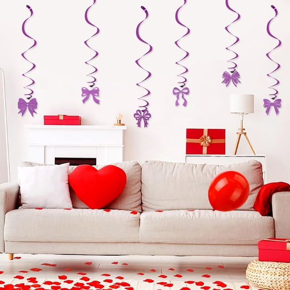 6Pcs Hanging Bow Swirl Party Decorations, Foil Decorations Ceiling Swirl Spiral Hanging Plastic Streamer for Ceiling Birthday Graduation Wedding Celebration Baby Shower Party Supply (Purple)