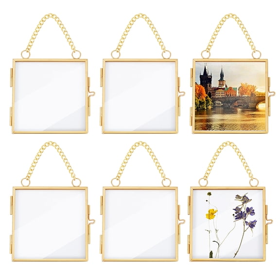 6Pcs Hanging Pressed Flower Alloy Photo Frames Double Glass Floating Frames with Chain for DIY Artwork Display Gallery Wall Decor Square