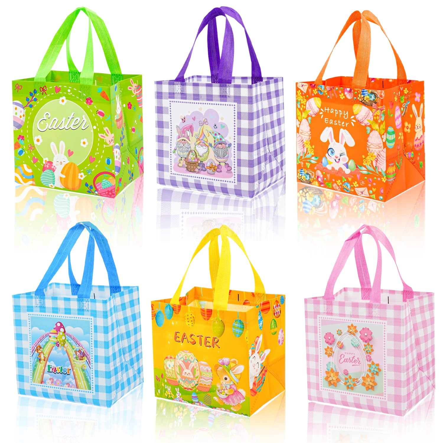 6-Pack Happy Easter Gift Bags With Handles - Reusable Non-Woven Treat Totes For Egg Hunt Party Favors