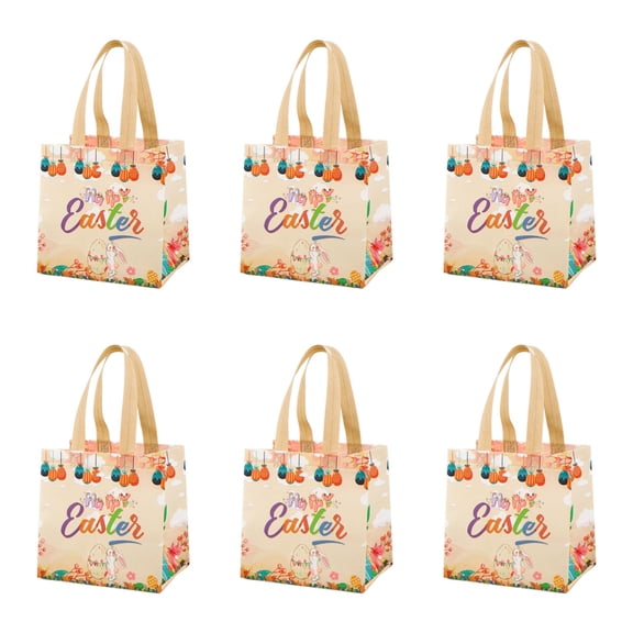 6Pcs Happy Easter Gift Bags Easter Non-woven Bags with Handles, Bunny Eggs Designs, Reusable Non-Woven Treat Bags for Party Favors, Gift Wrapping, Easter Basket Container, Egg Hunt Party Treat Bag