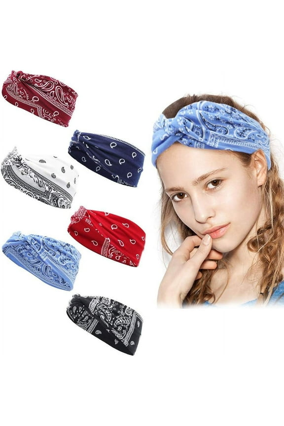 6Pcs Headbands - Bandana Headband for Women, Elastic Cotton Turban Wide Hair Band Head Scarf Hair Wrap, Ladies Stretchy Head bands Fabric Bohemian Hairband ideal for Sports/Running/Yoga