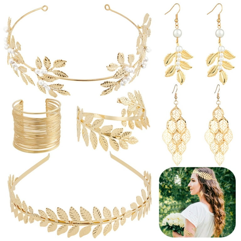 6Pcs Headpiece Jewelry Set, Greek Goddess Costume Accessories with Golden  Leaf Headbands, Earrings, Armband, Coil Cuff Bracelet, Wedding Party