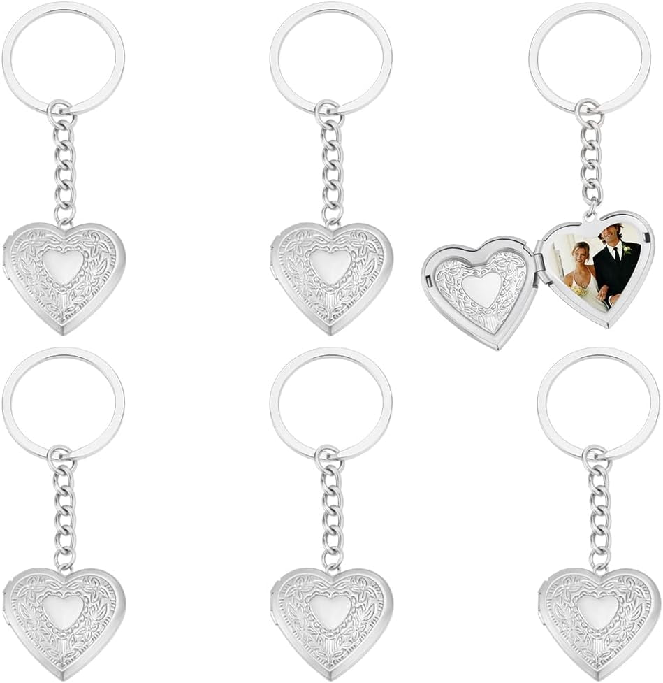 6Pcs Heart Photo Locket Keychain for Women Men Stainless Steel