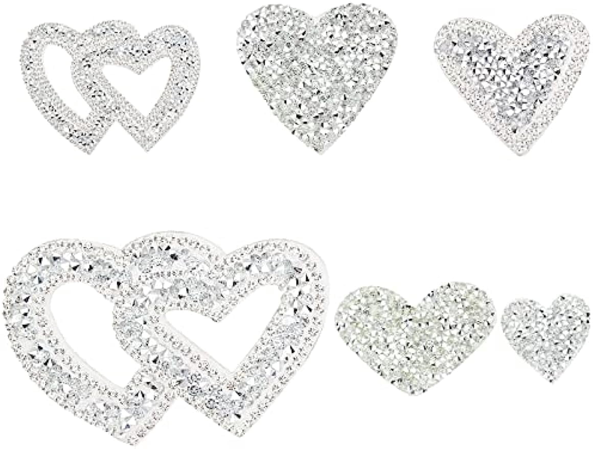 6Pcs Heart Shape Rhinestone Patches Silver Heart Rhinestone Appliques ...
