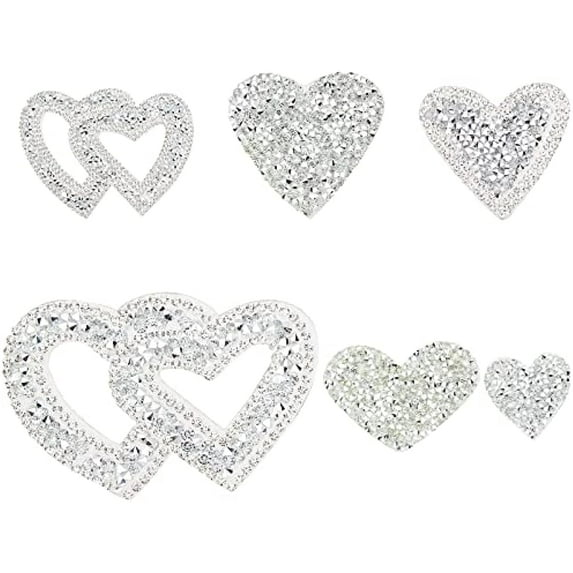 6Pcs Heart Shape Rhinestone Patches Silver Heart Rhinestone Appliques Shinny Heart Shape Crystals Appliques