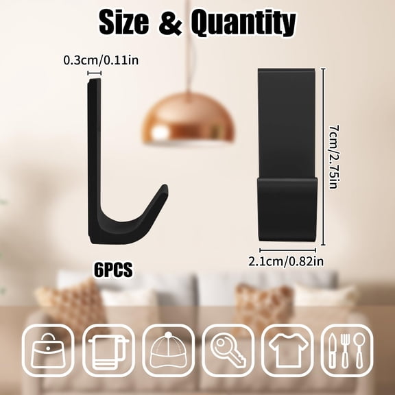 6Pcs Heavy Duty Adhesive Wall Hooks - No Drill Metal Hooks Holds up to 13Lb, Extra Strong Black Hooks for Bathroom & Clothes