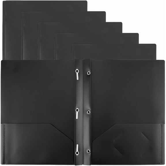 6Pcs Heavy Duty Plastic Pocket Folders with 3 Prongs Fastener Clips Black Rectangle 2 Pockets Heavyweight File Folder Organizer Sheets for School Office Products Files Document Holder diy