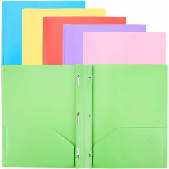 6Pcs Heavy Duty Pocket File Folders with 3 Prongs Fastener Clips Colorful 2 Pockets Plastic Rectangle Heavyweight Organizer Sheets DIY
