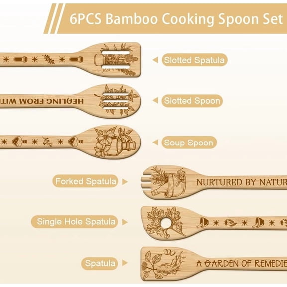 6Pcs Herbal Wooden Spoons Utensil Set Refining Bamboo Carving Kitchen Cooking Utensils Wooden Engraved Cooking Spatula Set for Kitchen Fun House Warming Gift