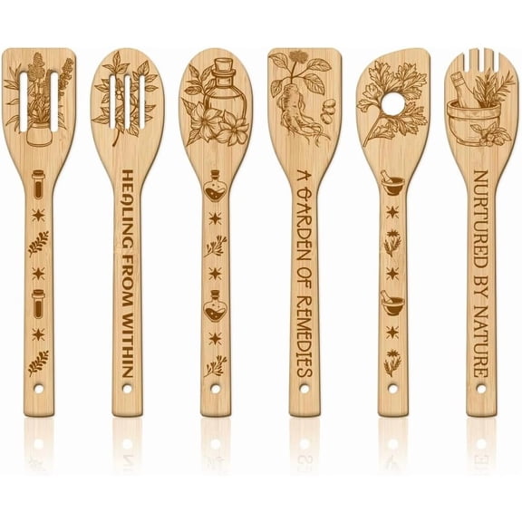 6Pcs Herbal Wooden Spoons Utensil Set Refining Bamboo Carving Kitchen Cooking Utensils Wooden Engraved Cooking Spatula Set